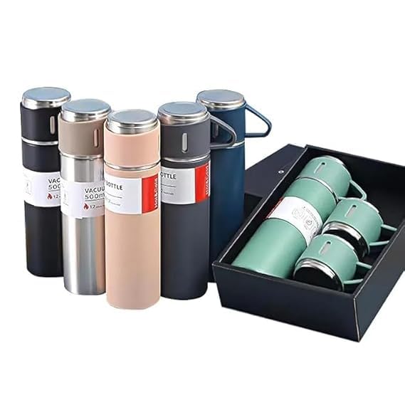 Stainless Steel Vacuum Flask Set with 2 Cups | 500ml Bottle Combo for Hot & Cold Beverages | Vacuum Insulated Water Flask Bottle for Tea, Coffee, Juice, Travel Use (Multicolor)  –  Not a Thermos