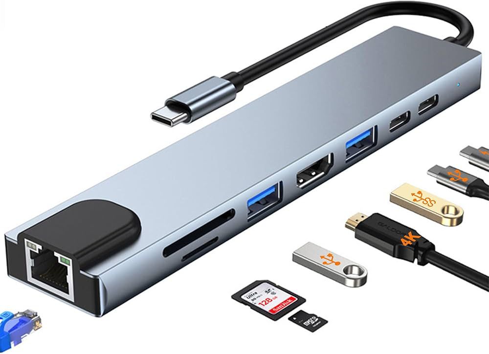 8-in-1 Type C Hub/Docking Station with HDMI 60Hz,Data Transfer Multiport Adapter, 100W Power Delivery 4K HDMI,USB 3.0,100MBPS Ethernet,SD/TF Card Reader,for All Type C Devices-MacBook,Laptop