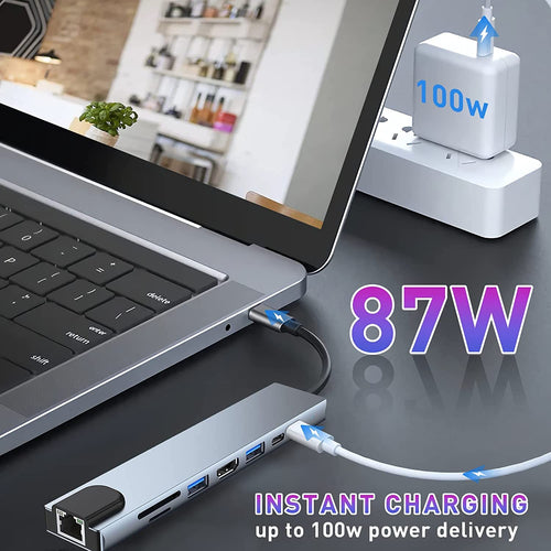 8-in-1 Type C Hub/Docking Station with HDMI 60Hz,Data Transfer Multiport Adapter, 100W Power Delivery 4K HDMI,USB 3.0,100MBPS Ethernet,SD/TF Card Reader,for All Type C Devices-MacBook,Laptop