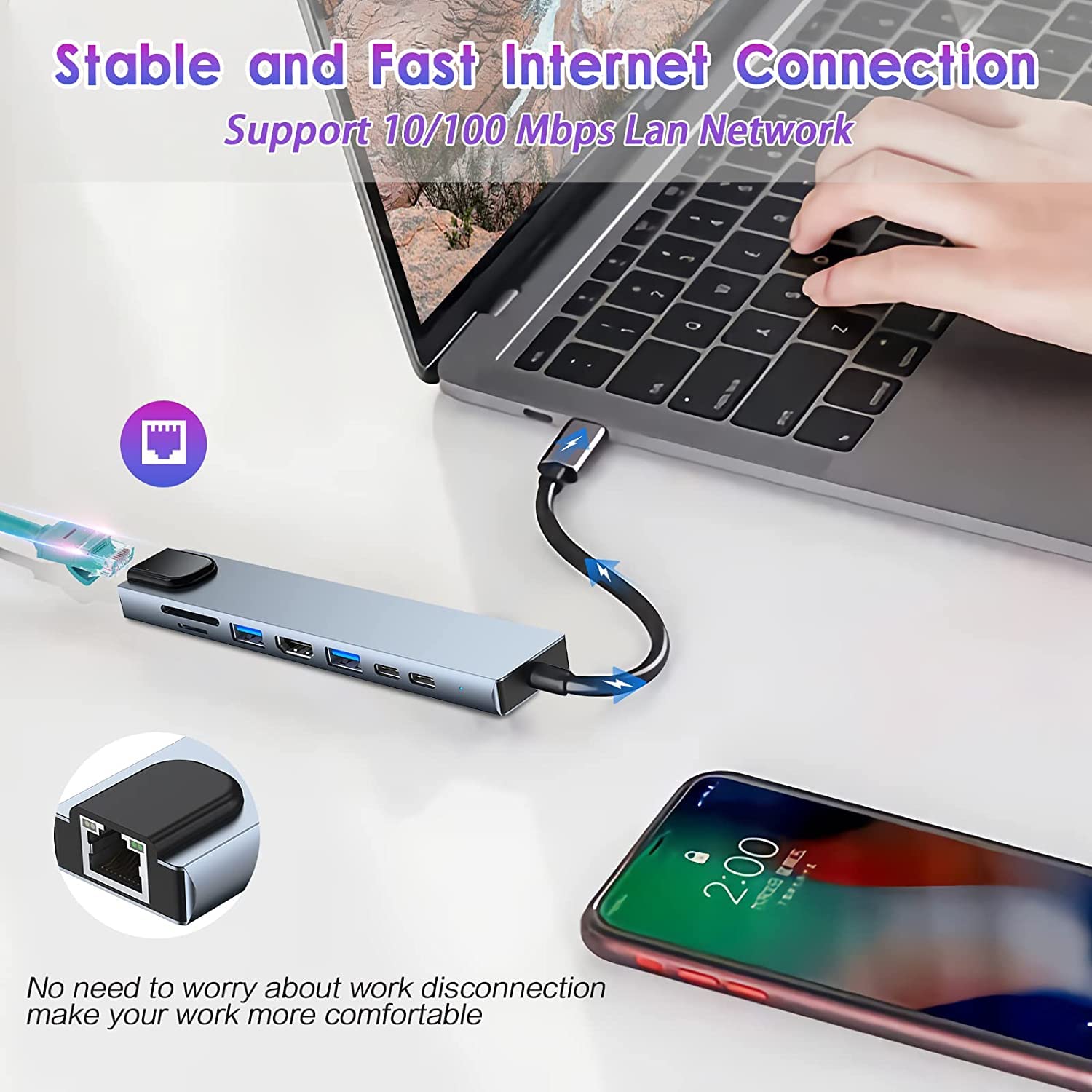 8-in-1 Type C Hub/Docking Station with HDMI 60Hz,Data Transfer Multiport Adapter, 100W Power Delivery 4K HDMI,USB 3.0,100MBPS Ethernet,SD/TF Card Reader,for All Type C Devices-MacBook,Laptop