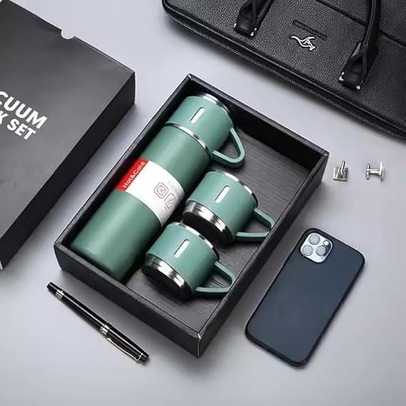 Stainless Steel Vacuum Flask Set with 2 Cups | 500ml Bottle Combo for Hot & Cold Beverages | Vacuum Insulated Water Flask Bottle for Tea, Coffee, Juice, Travel Use (Multicolor)  –  Not a Thermos