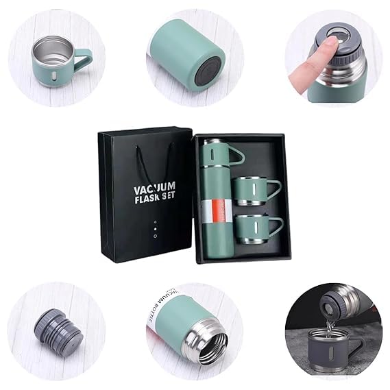 Stainless Steel Vacuum Flask Set with 2 Cups | 500ml Bottle Combo for Hot & Cold Beverages | Vacuum Insulated Water Flask Bottle for Tea, Coffee, Juice, Travel Use (Multicolor)  –  Not a Thermos
