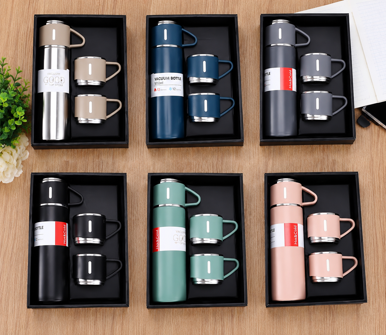 Stainless Steel Vacuum Flask Set with 2 Cups | 500ml Bottle Combo for Hot & Cold Beverages | Vacuum Insulated Water Flask Bottle for Tea, Coffee, Juice, Travel Use (Multicolor)  –  Not a Thermos