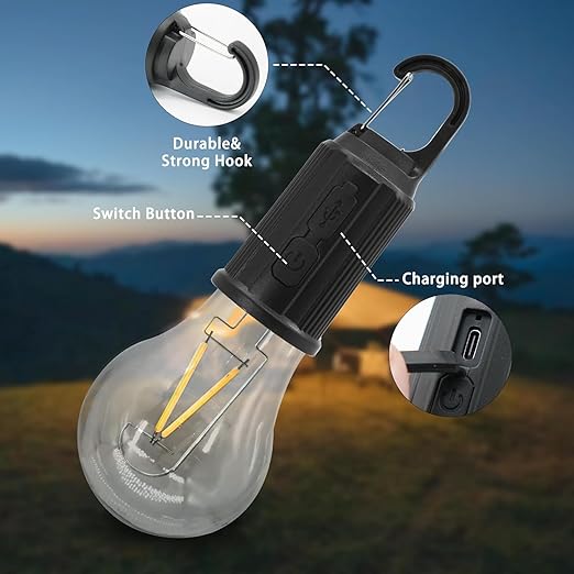 Rechargeable Camping Hanging Bulb, Waterproof LED Tent Light with USB Cable, 3 Modes Hanging Camping Lantern, Hanging Lamp for Hiking, Emergency