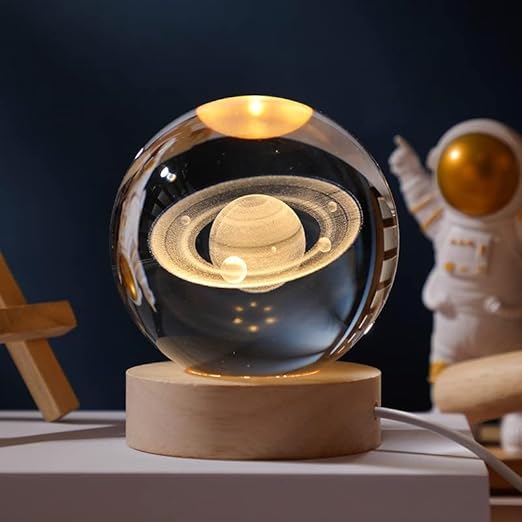 3D Saturn Crystal Ball Night Lamp, USB Table Colorful LED 2.4 Inch Wooden Base for Home Decoration, Birthday Gift for Teens Boys and Girls