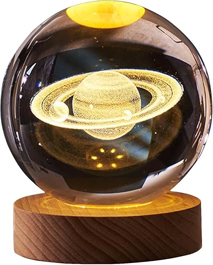 3D Saturn Crystal Ball Night Lamp, USB Table Colorful LED 2.4 Inch Wooden Base for Home Decoration, Birthday Gift for Teens Boys and Girls