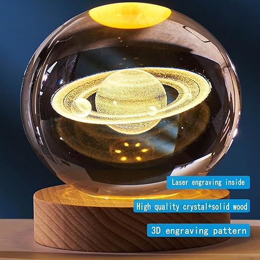 3D Saturn Crystal Ball Night Lamp, USB Table Colorful LED 2.4 Inch Wooden Base for Home Decoration, Birthday Gift for Teens Boys and Girls