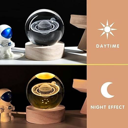 3D Saturn Crystal Ball Night Lamp, USB Table Colorful LED 2.4 Inch Wooden Base for Home Decoration, Birthday Gift for Teens Boys and Girls