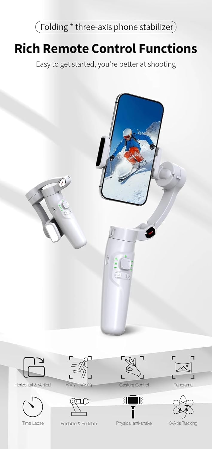 M1 Foldable 3-Axis Gimbal Stabiliser for Smartphones, Object Tracking, Panoramic, Time-Lapse & Slow-Motion, 2500mAh Battery